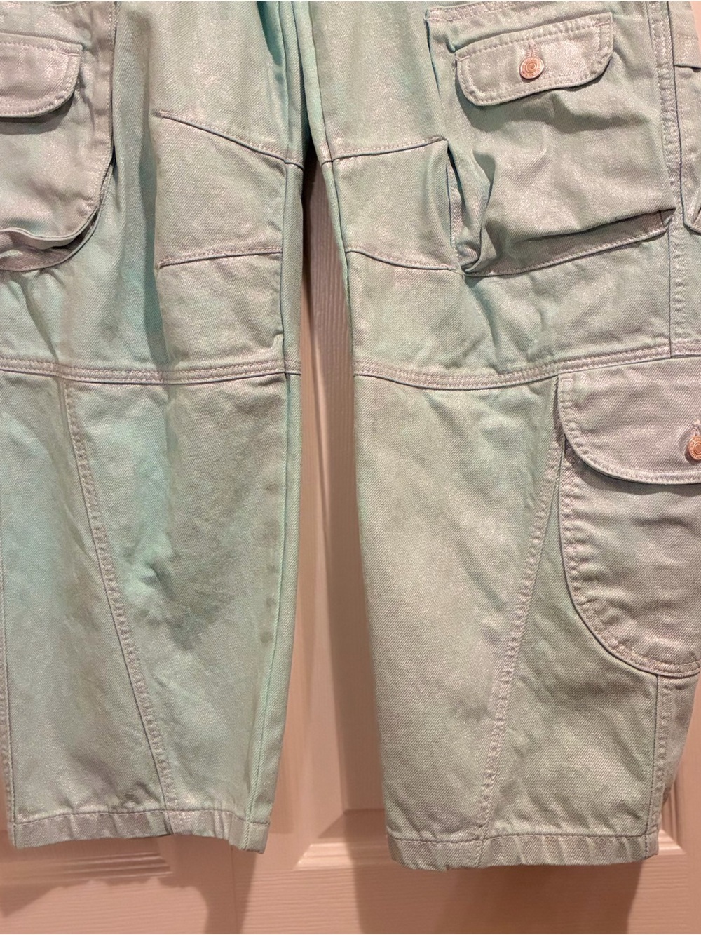 Like New We the Free "Lap of Luxury" Barrel Cargo Jeans in Metallica Aquamarine - Picture 10 of 14